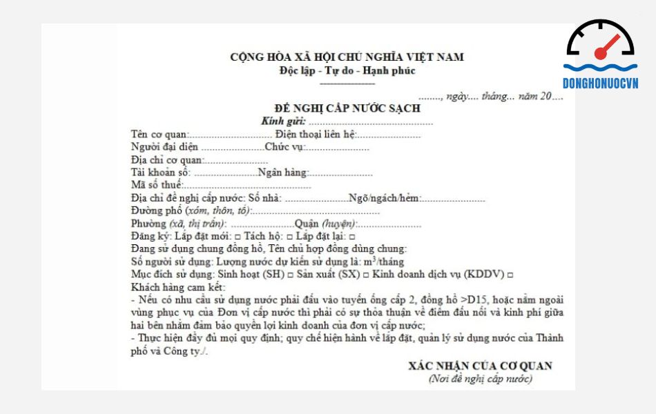 Mẫu đơn đề nghị cấp nước máy chuẩn