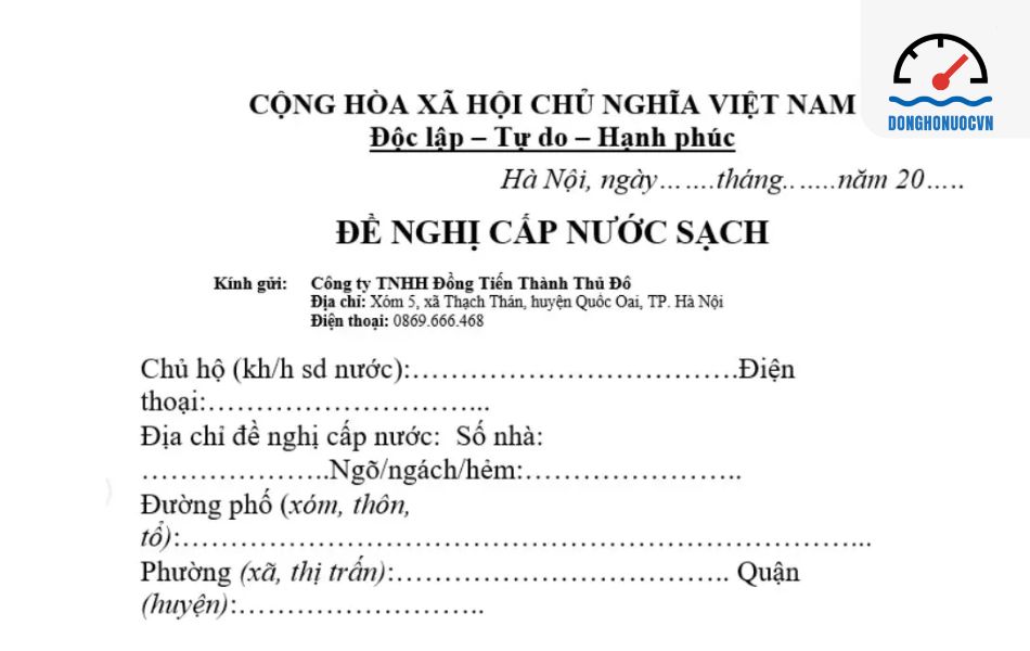 Mẫu đơn đề nghị lắp đặt đồng hồ nước chuẩn