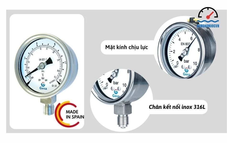 Đồng hồ áp suất Gesa chân inox
