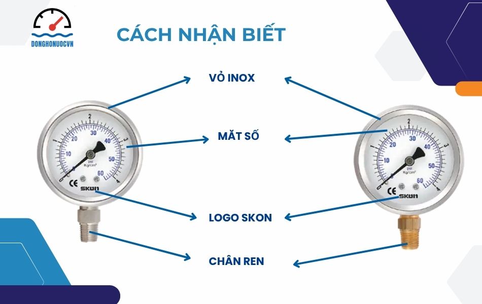 cách nhận biết đồng hồ áp suất skon